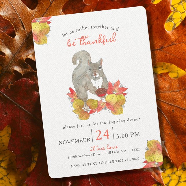 Autumn Squirrel Thanksgiving Dinner  Invitation (Squirrel Watercolor Thanksgiving Dinner Party Invitation)