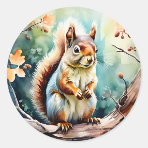 Autumn Squirrel Watercolor Classic Round Sticker