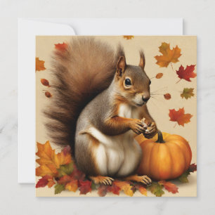 Autumn Squirrel with Pumpkin and Falling Leaves Card