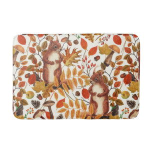 Autumn squirrels and autumnal flora on off white bath mat