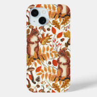 Autumn squirrels and autumnal flora on off white