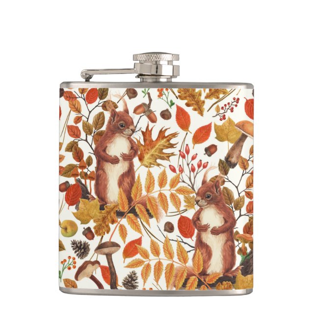 Autumn squirrels and autumnal flora on off white hip flask (Front)