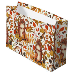 Autumn squirrels and autumnal flora on off white large gift bag