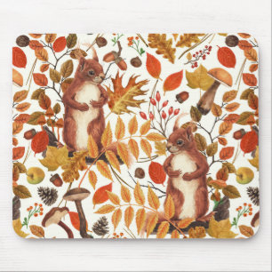Autumn squirrels and autumnal flora on off white mouse pad