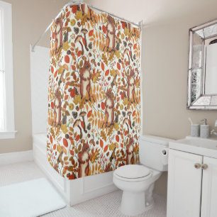 Autumn squirrels and autumnal flora on off white shower curtain