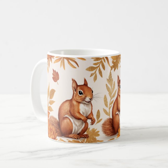 Autumn Squirrels and Floral Elegance Coffee Mug (Front Left)