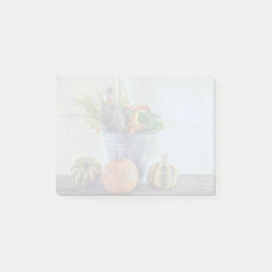 Autumn still life with pumpkins, flowers post-it notes