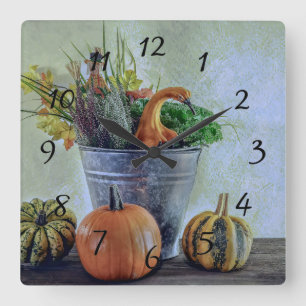 Autumn still life with pumpkins, flowers square wall clock