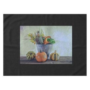 Autumn still life with pumpkins, flowers tablecloth