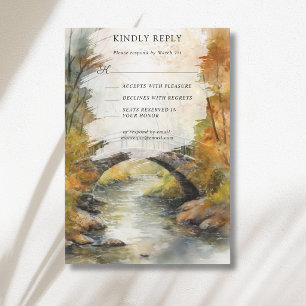 Autumn Stone Bridge River Leaves Fall Wedding RSVP Card