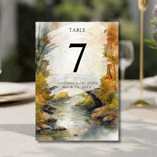Autumn Stone Bridge River Leaves Fall Wedding Table Number