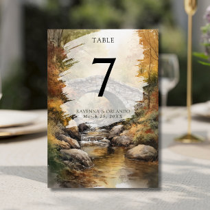 Autumn Stone Bridge River Leaves Fall Wedding Table Number