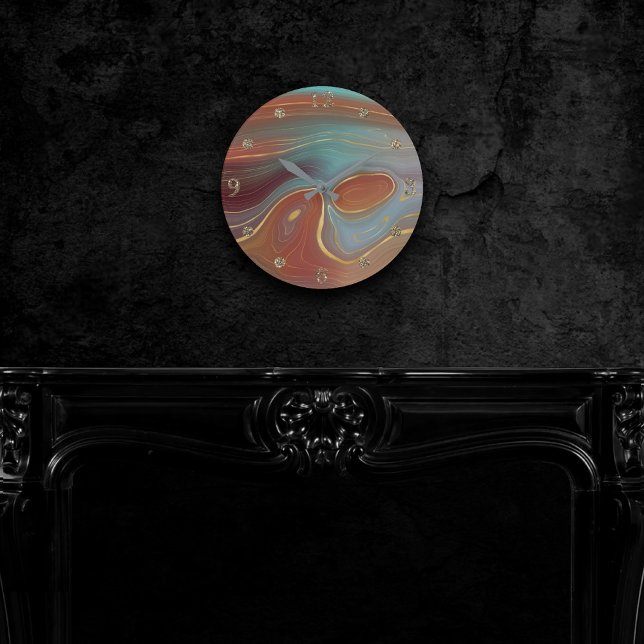 Autumn Strata | Burnt Orange Gold Teal Fall Agate Round Clock (Creator Uploaded)