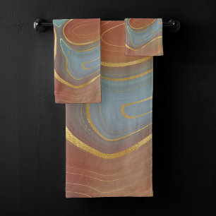 Autumn Strata   Terra Cotta Teal and Gold Agate Bath Towel Set