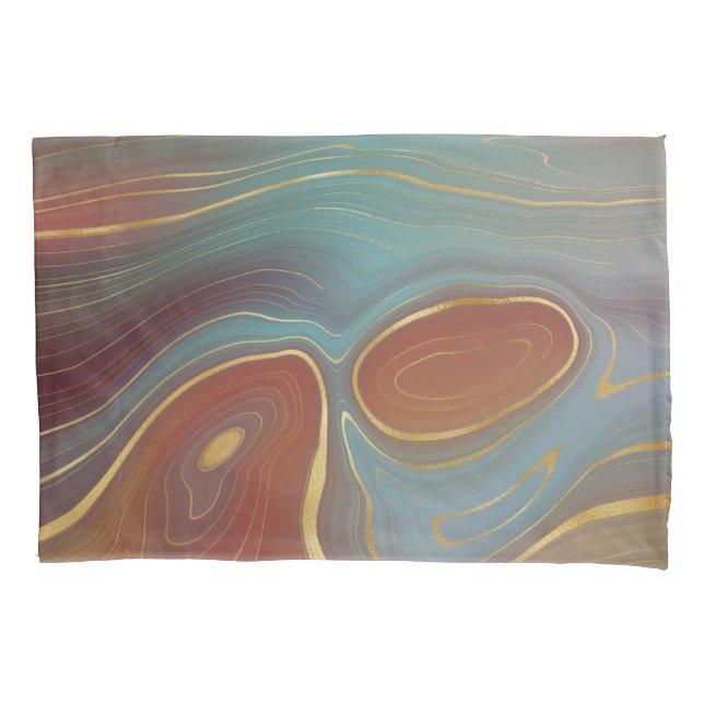 Autumn Strata | Terra Cotta Teal and Gold Agate Pillowcase (Front)