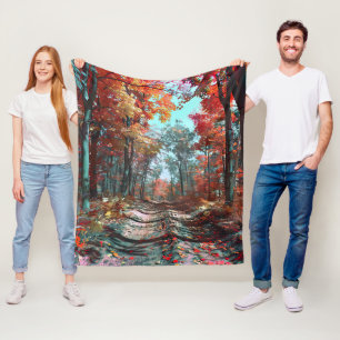 Autumn stretches into woods of red leaves fleece blanket