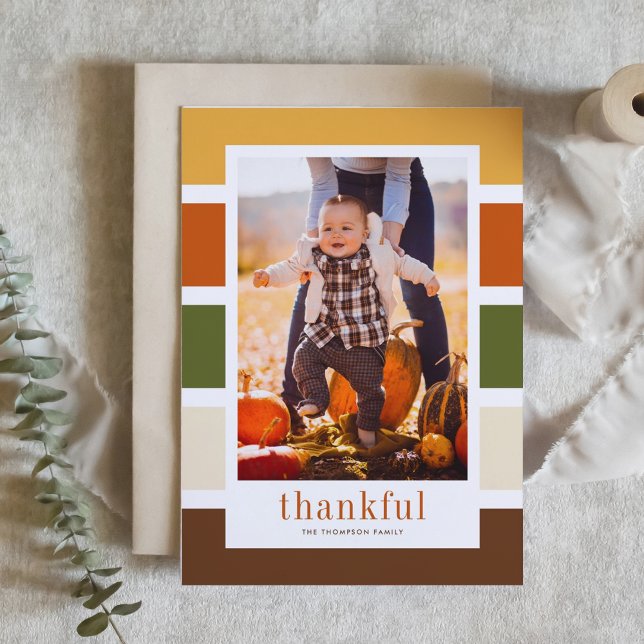 Autumn Stripes Pattern Thankful Photo Thanksgiving Holiday Card (Creator Uploaded)