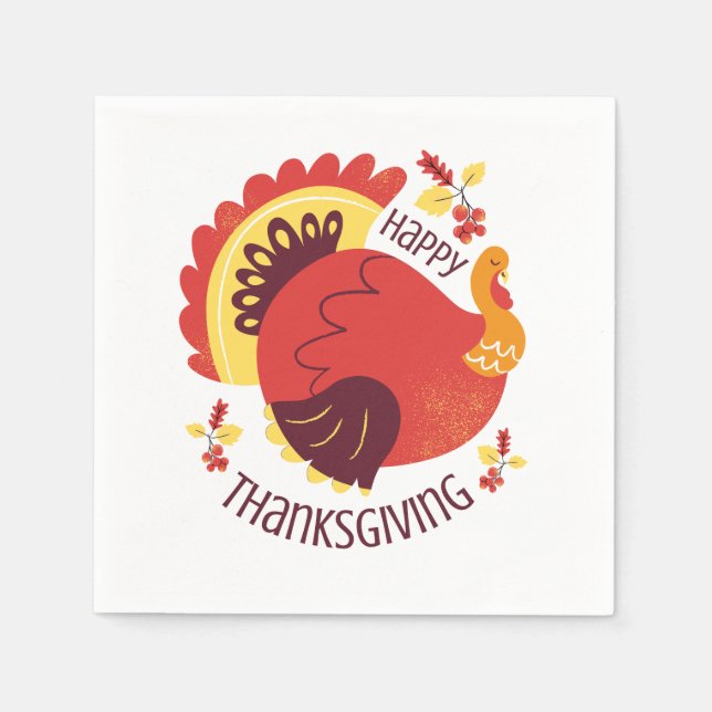 Autumn Stylised Sitting Turkey Happy Thanksgiving Napkin (Front)