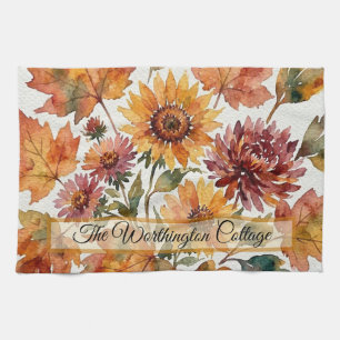 Autumn Sunflower and Maple Leaf Watercolor Bouquet Tea Towel