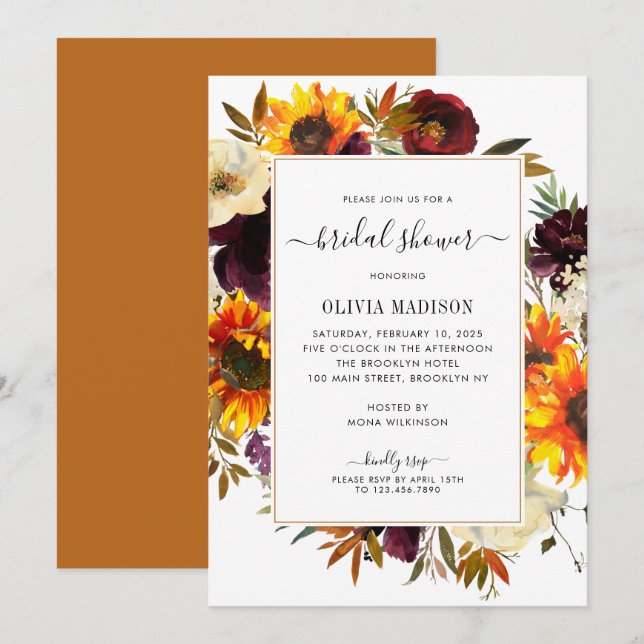 Autumn Sunflower Burgundy Floral Bridal Shower Invitation (Front/Back)