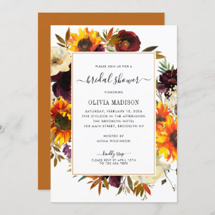 Autumn Sunflower Burgundy Floral Bridal Shower Invitation