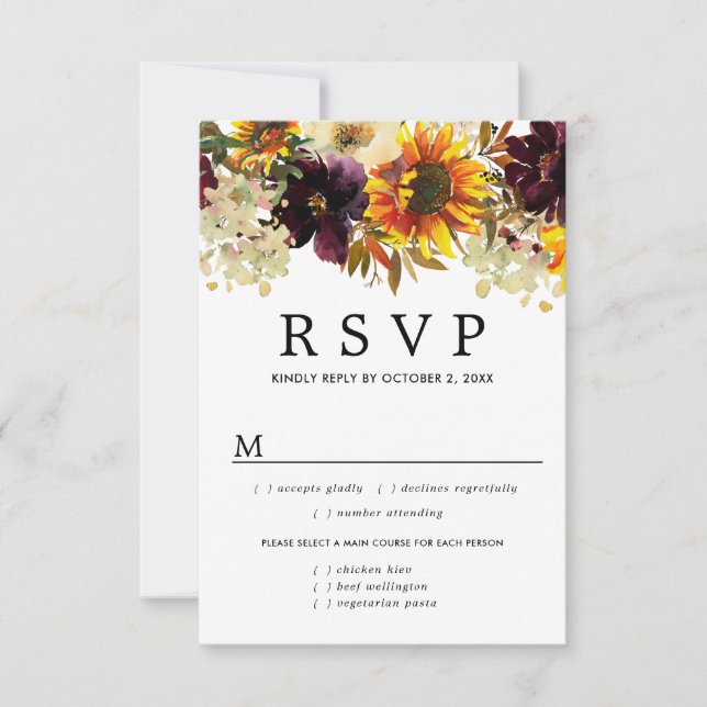 Autumn Sunflower Floral RSVP Card, Meal Options Card (Front)