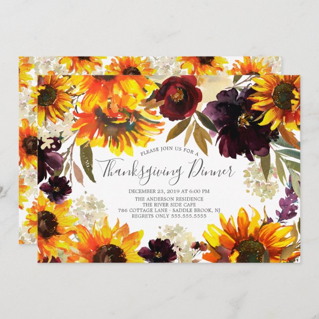 Autumn Sunflower Floral Thanksgiving Dinner Party Invitation (Front/Back)
