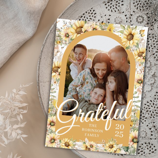 Autumn Sunflower Grateful Family Photo Holiday Card (Modern script typography trendy arch photo with grateful happy thanksgiving cards with names year)