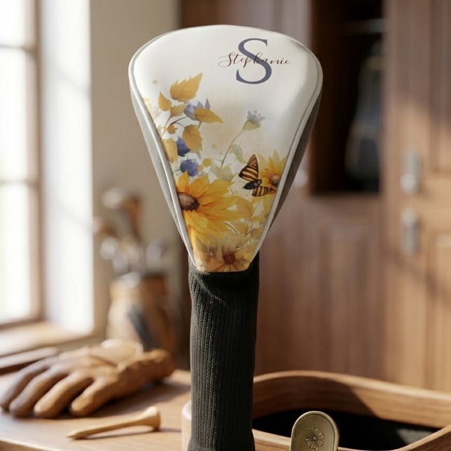 Autumn Sunflower Monogram Golf Head Cover (Personalized golf club cover)