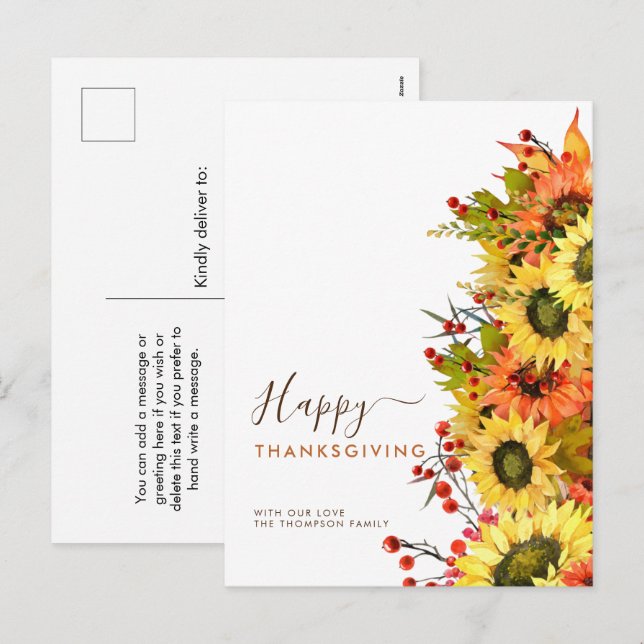 Autumn Sunflowers Happy Thanksgiving Names  Holiday Postcard (Front/Back)