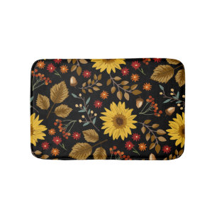 Autumn Sunflowers: Maple Black Background Bath Mat