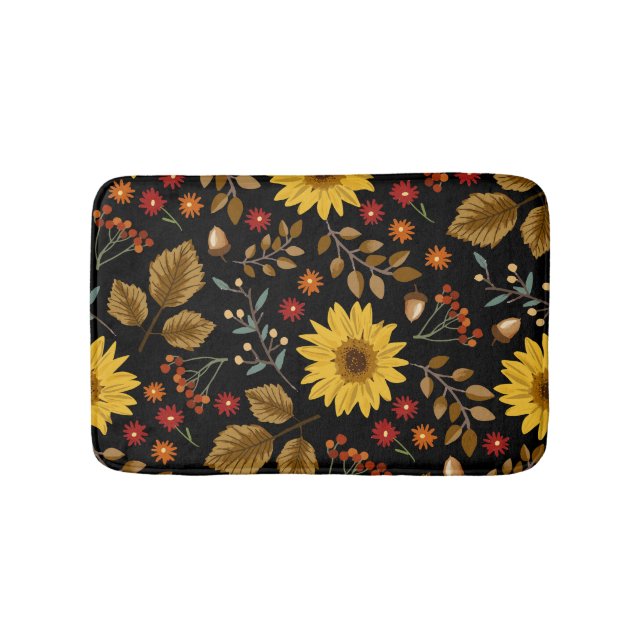 Autumn Sunflowers: Maple Black Background Bath Mat (Front)
