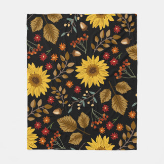 Autumn Sunflowers: Maple Black Background Fleece Blanket
