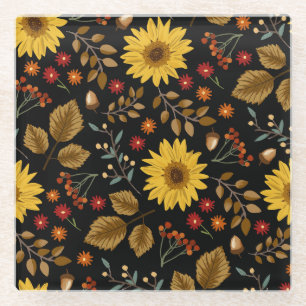Autumn Sunflowers: Maple Black Background Glass Coaster