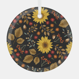 Autumn Sunflowers: Maple Black Background Glass Tree Decoration