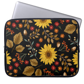 Autumn Sunflowers: Maple Black Background Laptop Sleeve