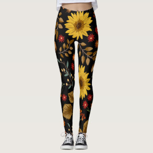Autumn Sunflowers: Maple Black Background Leggings