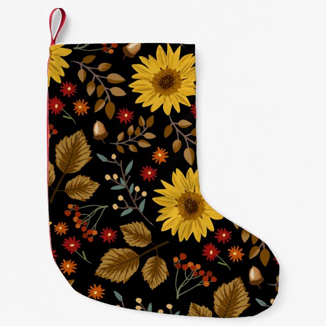 Autumn Sunflowers: Maple Black Background Small Christmas Stocking (Front)