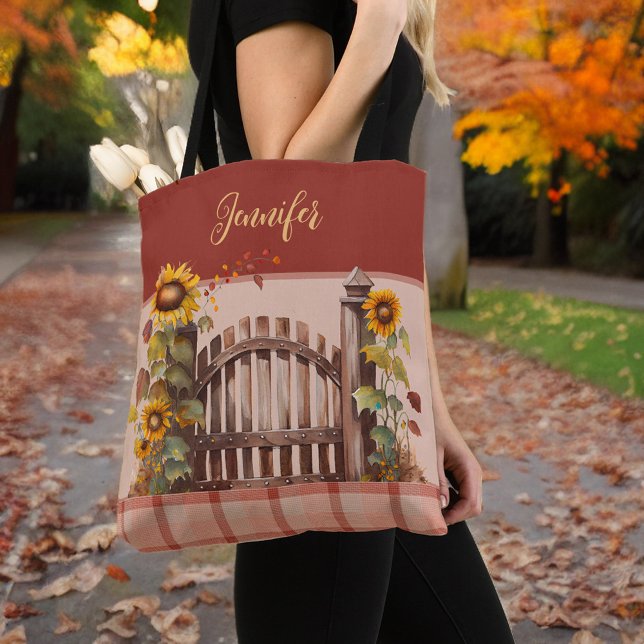 Autumn Sunflowers on Fence Rust Plaid and Monogram Tote Bag (Creator Uploaded)
