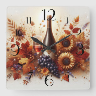 Autumn Sunflowers, Wine and Grapes Square Wall Clock