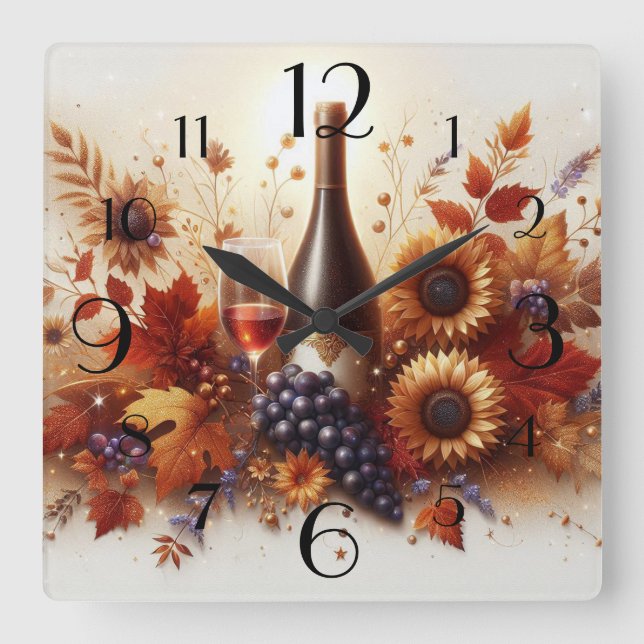 Autumn Sunflowers, Wine and Grapes  Square Wall Clock (Front)