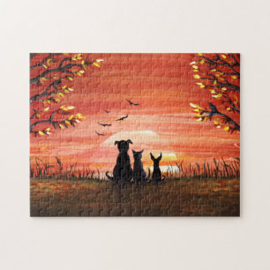 Autumn Sunset Dog and Cat Fall Jigsaw Puzzle