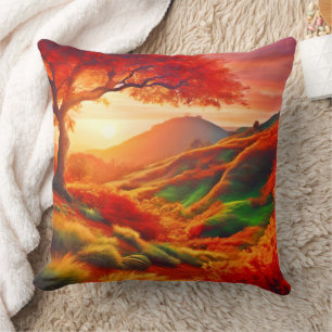 Autumn Sunset Landscape Painting Art Cushion