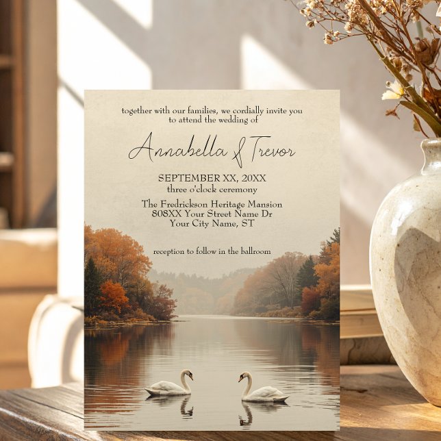 Autumn Swans Romantic Lake in Fall Wedding Invitation (Creator Uploaded)