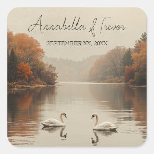 Autumn Swans Romantic Lake in Fall Wedding Square Sticker