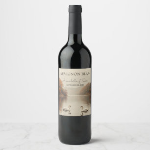 Autumn Swans Romantic Lake in Fall Wedding Wine Label