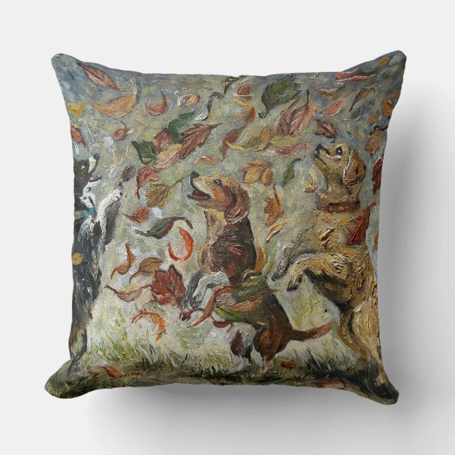 Autumn Tailwag Whimsical Golden Retriever Dogs Oil Cushion (Front)