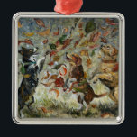 Autumn Tailwag Whimsical Golden Retriever Dogs Oil Metal Tree Decoration<br><div class="desc">Bring a touch of whimsical farmhouse charm to your home with the Autumn Tailwags metal ornament. This piece features an original oil painting of three playful dogs frolicking in the fallen leaves. It captures a beautiful retro cottagecore aesthetic with its warm gold tones and misty autumn woods. The style is...</div>