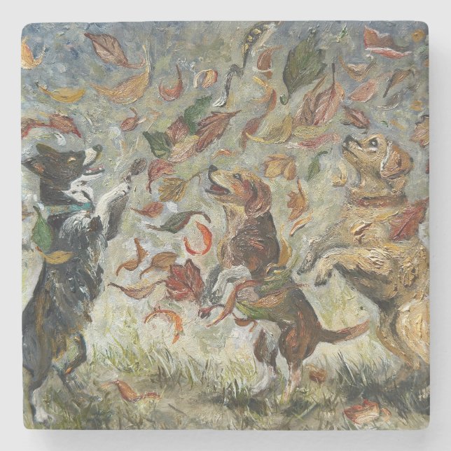 Autumn Tailwag Whimsical Golden Retriever Dogs Oil Stone Coaster (Front)