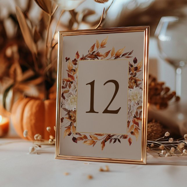 Autumn Taupe Leaves Table Number (Autumn Watercolor Taupe Leaves Floral Table Number by Painted Paperie
)